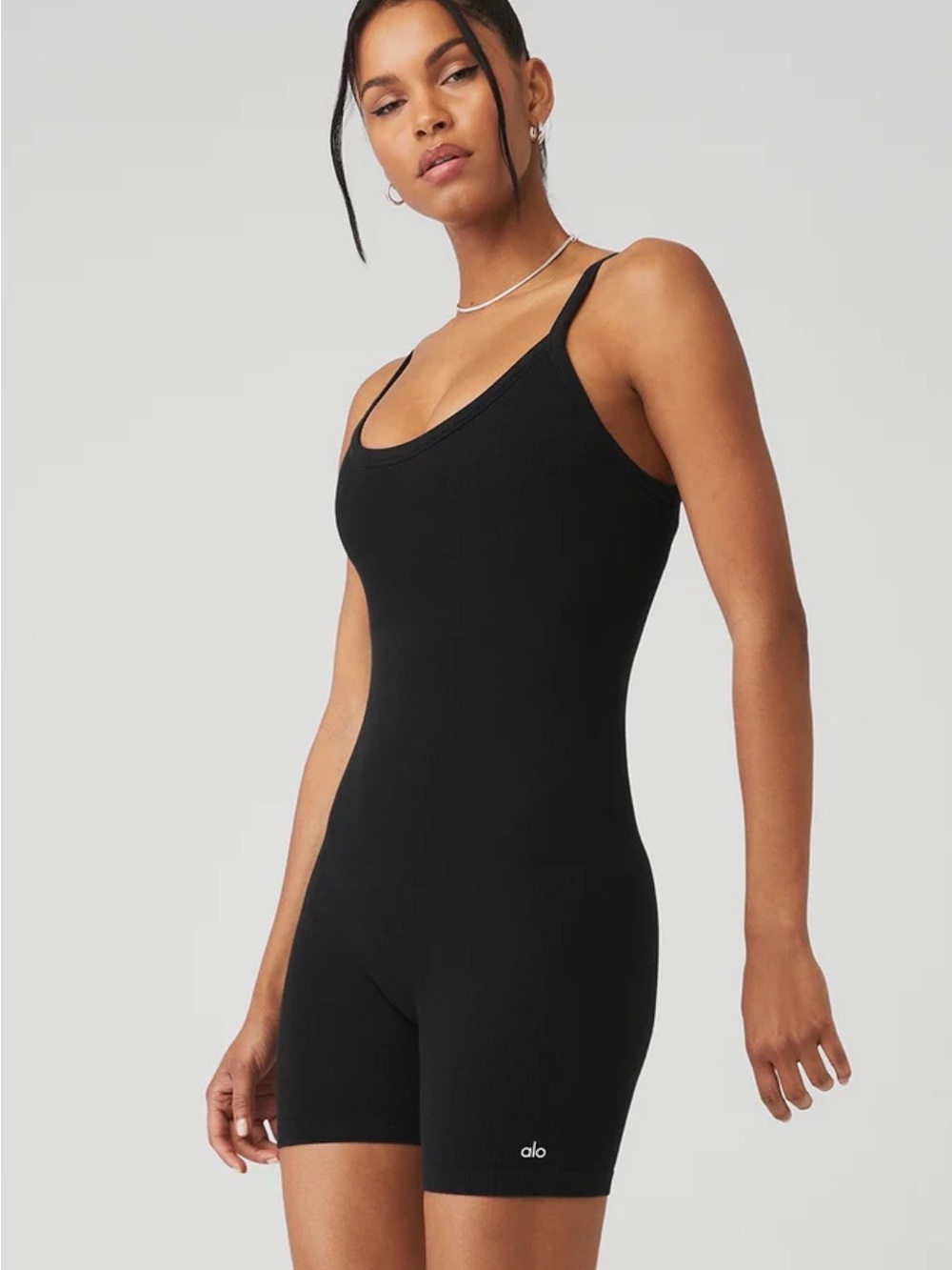 ALO Yoga Seamless Ribbed Mellow Onesie Black Biker Romper
